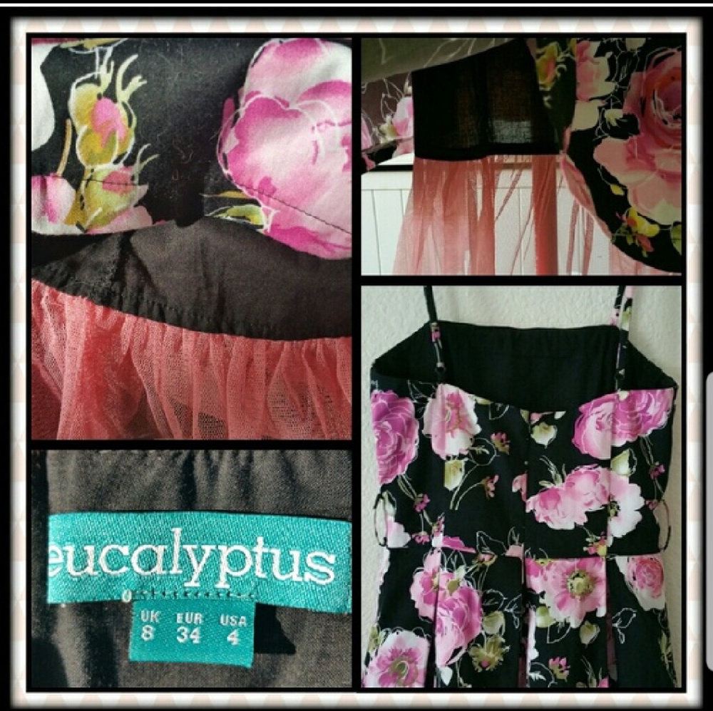 🔥Eucalyptus Sun Dress Black & Pink Floral Tulle at Hem Size 4 - Picture 6 of 6